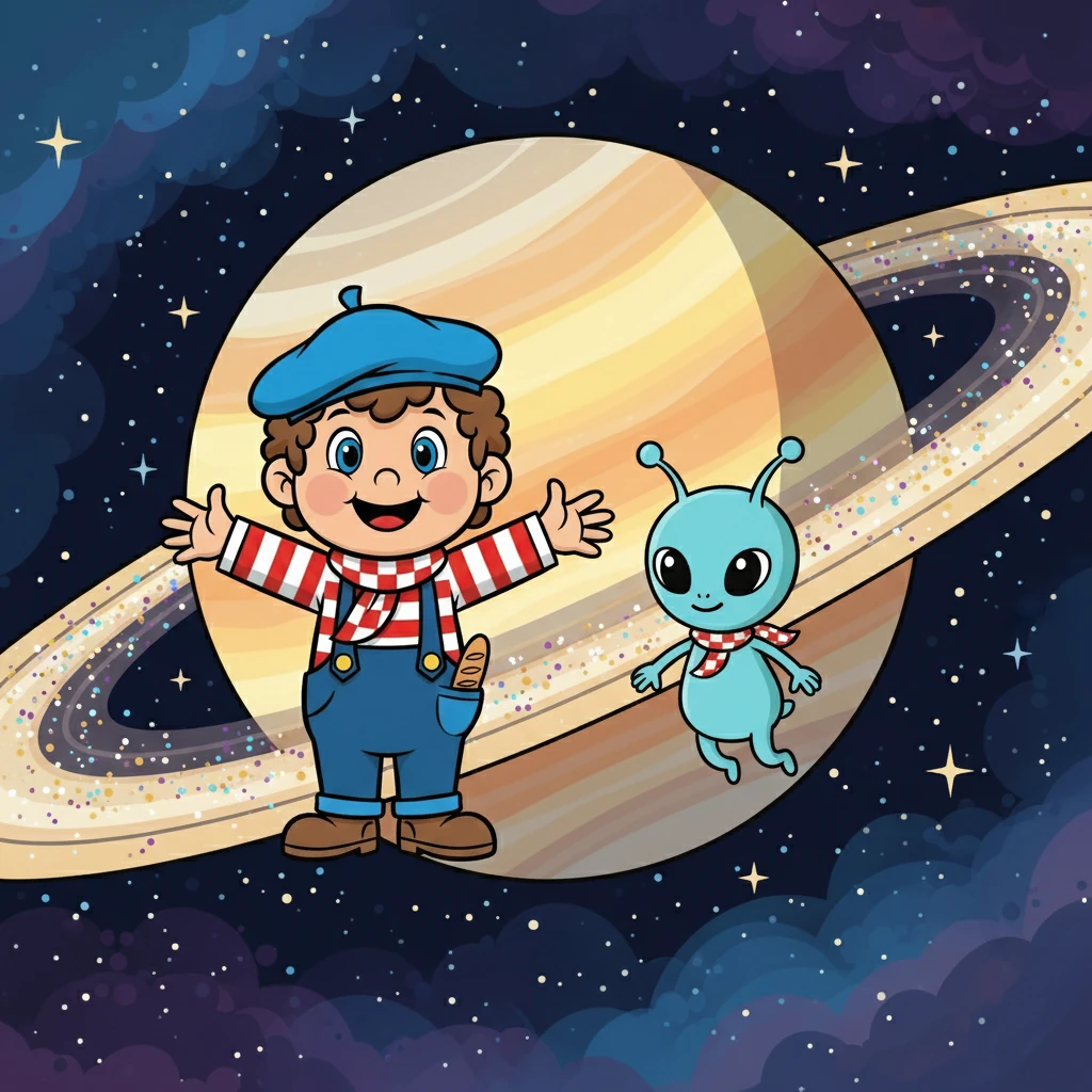 Saturne, avec ses anneaux magnifiques, était un spectacle inoubliable. Lolo et Zéphyr s'approchèrent pour admirer les particules de glace et de poussière qui formaient ces anneaux.