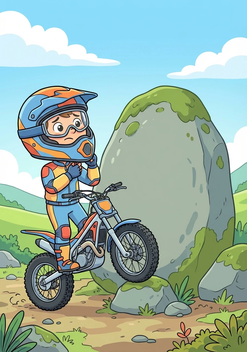 Danny, a young motorcycle trials rider, stood before an enormous boulder. His heart pounded in his chest as he adjusted his helmet.