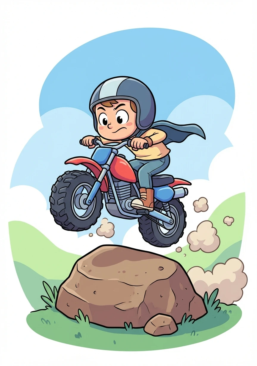 With a burst of speed, Danny launched his motorcycle towards the boulder. He skillfully maneuvered, his tires gripping the rock.