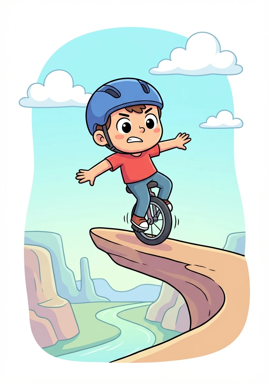He carefully balanced on one wheel, navigating a narrow ledge. The slightest mistake could send him tumbling down.