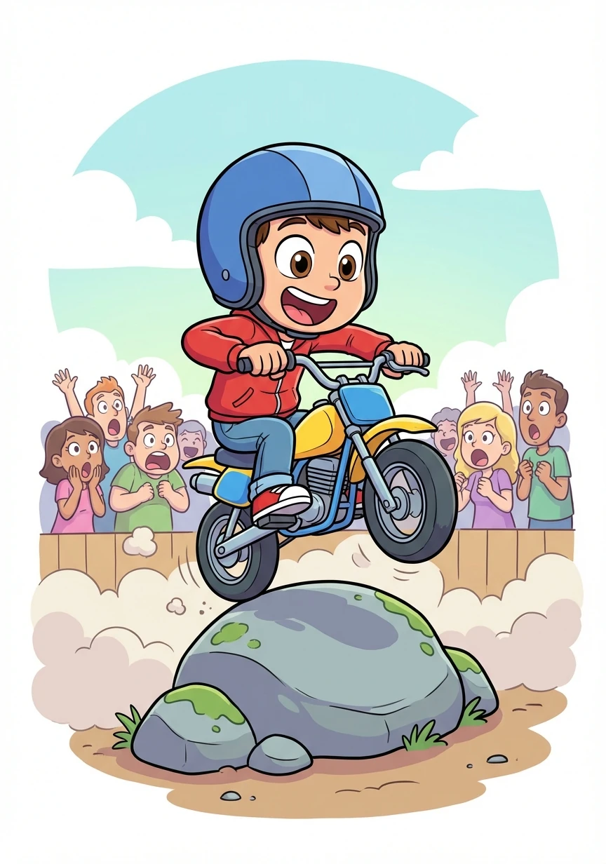 The motorcycle soared through the air, landing perfectly on the other side of the boulder. A collective gasp rose from the crowd.