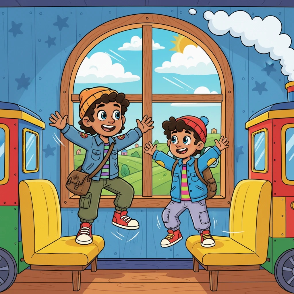 Hawke and Miguel, two lively friends, bounced with excitement as their colorful train chugged along. They peered out the window, their eyes wide with wonder at the passing fields and fluffy clouds, ready for their grand adventure.