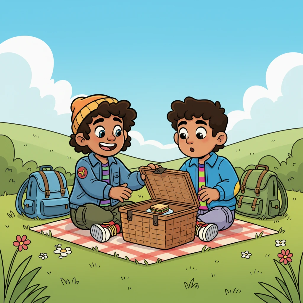 Their tummies rumbled, so they excitedly opened their snack basket, only to find a single, tiny sandwich nestled inside. Their cheerful smiles slowly faded as they realized their food supply was much smaller than they hoped.