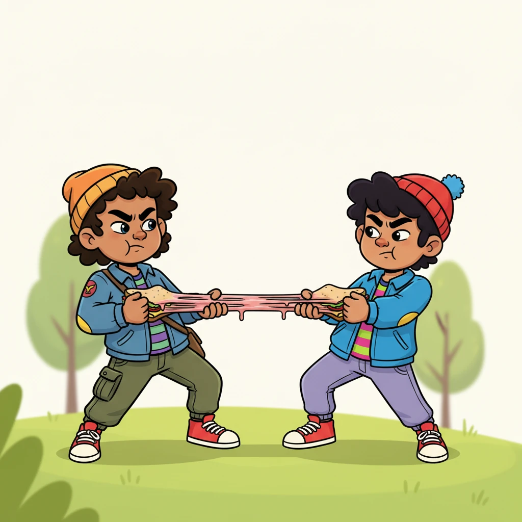 A silly squabble began over the last bite of the sandwich, with exaggerated pouts and crossed arms. Hawke tugged one way, Miguel the other, their playful argument growing louder with each pull, making the sandwich stretch like taffy.