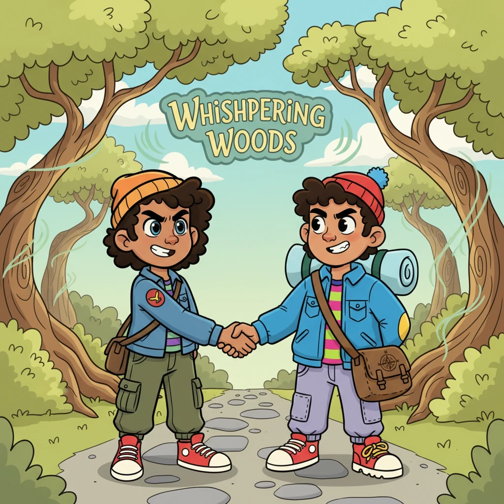 With a dramatic flourish, they made a grand pact: they would venture into the nearby Whispering Woods to find more delicious treats. They shook hands firmly, determined to solve their food dilemma together.