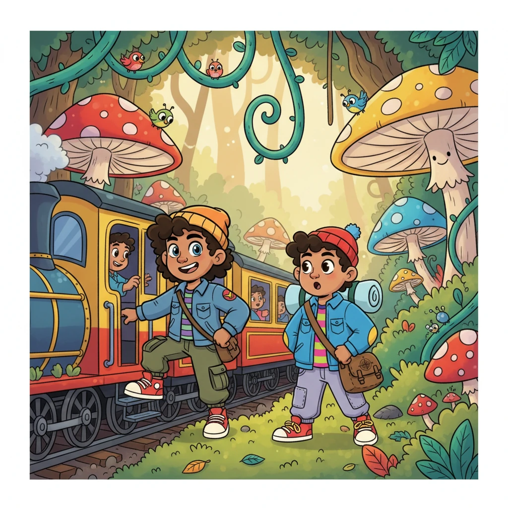 Stepping off the train, they entered the forest, where giant, friendly mushrooms and swirling vines greeted them. The air was filled with curious chirps and rustles, making their adventure feel even more magical.