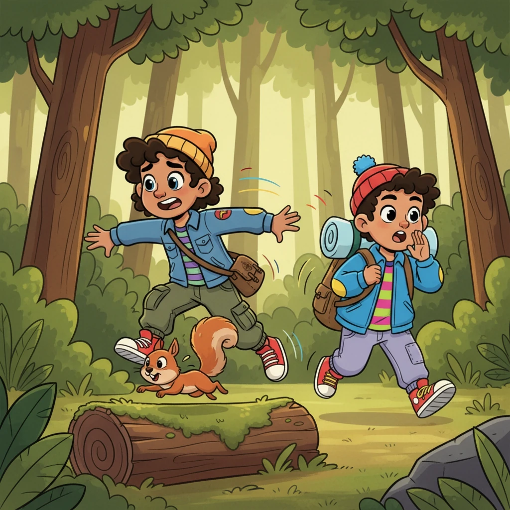As they explored, a mischievous squirrel darted between them, leading them on a chase that quickly separated the two friends. They called out each other's names, their voices echoing through the trees, a hint of worry creeping into their hearts.