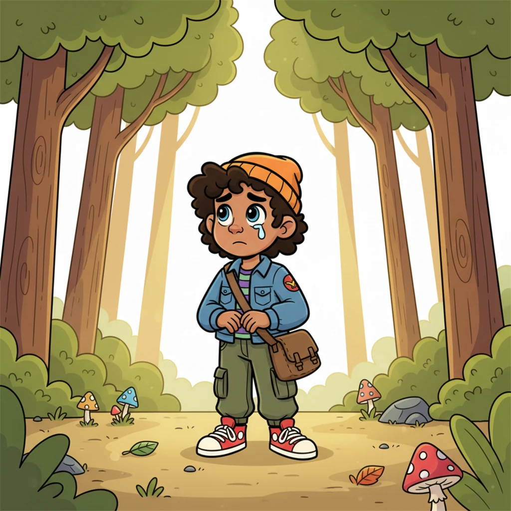 Hawke wandered alone, his big eyes looking around anxiously for his friend. The once fun forest now felt a little too quiet, and a tiny tear welled up as he realized how much he missed Miguel's silly jokes.