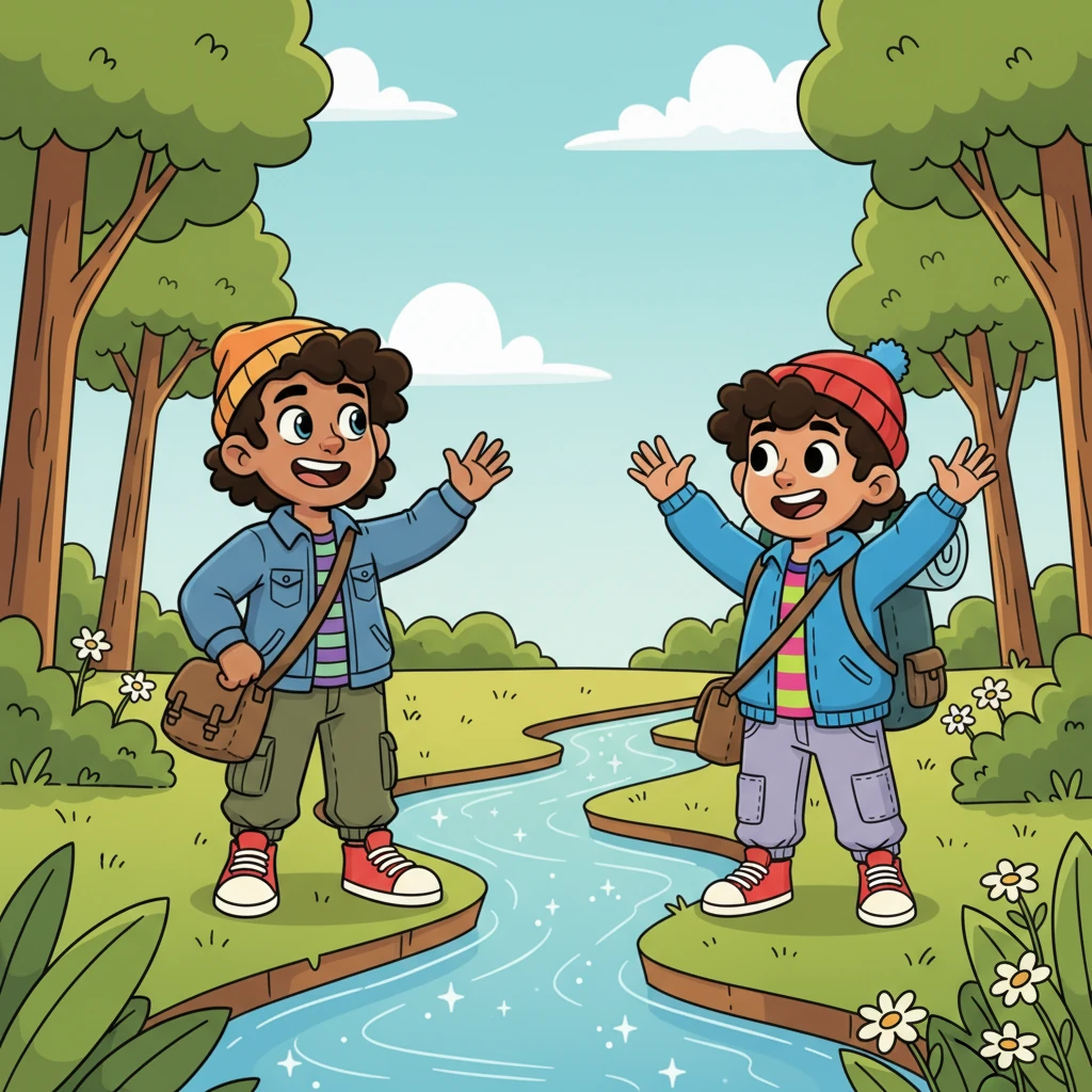 Just as hope started to dwindle, a faint call carried on the breeze, and both friends perked up. They followed the sound through a clearing, their faces lighting up as they finally spotted each other across a sparkling stream.