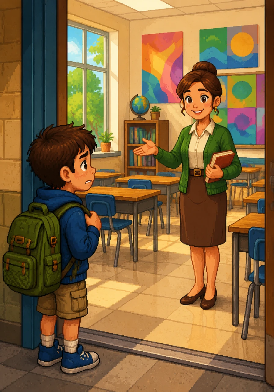 On a bright September morning, Leo stood at the classroom door with a heavy backpack and a nervous heart. The room was filled with colorful posters, empty desks, and the smiling face of their new teacher, welcoming everyone to a fresh start.