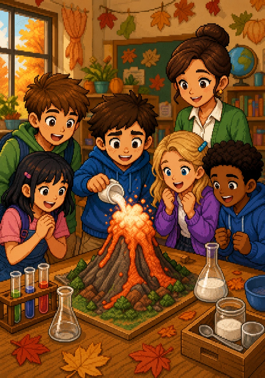 Autumn arrived, and the classroom transformed into a cozy science lab filled with the scent of crisp leaves. Leo and his group huddled around a volcano model, holding their breath as they poured in the magic ingredients to create a spectacular baking soda eruption.