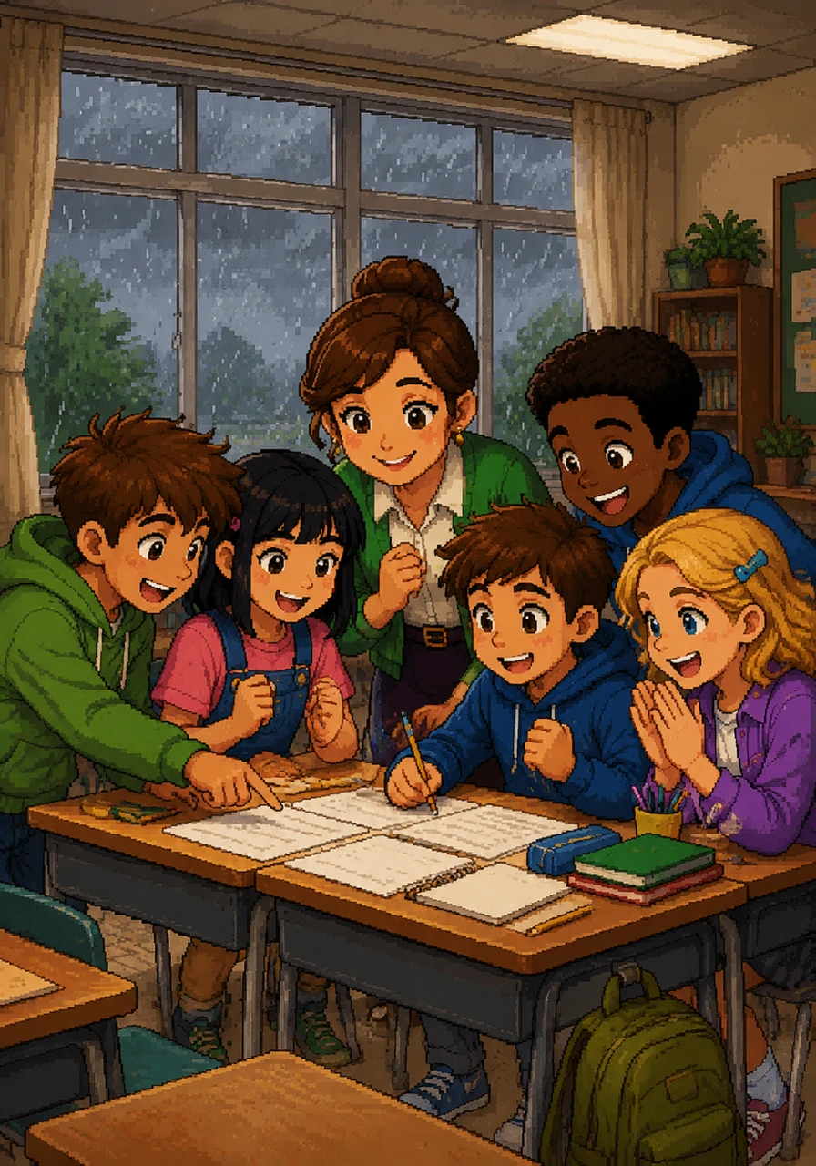 On a rainy afternoon, the math challenge proved to be a tough mountain to climb. But no one gave up; instead, the classmates leaned over each other's desks, patiently explaining the puzzles until everyone cheered in success.