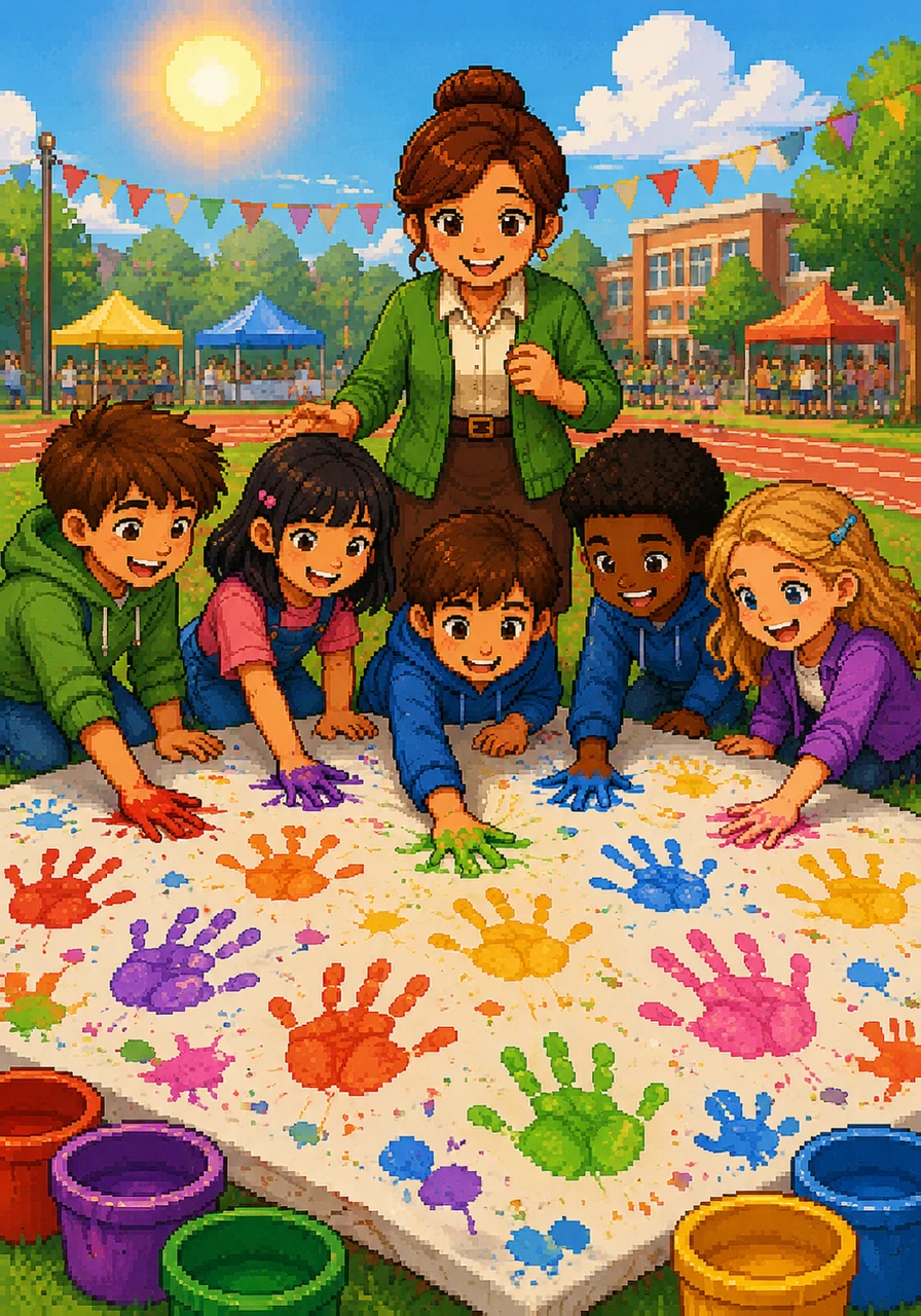 The sun grew warmer, signaling the arrival of the annual sports day and outdoor art festival. Leo and his teammates painted a massive canvas with their hands, leaving colorful handprints that symbolized their unity and shared joy.