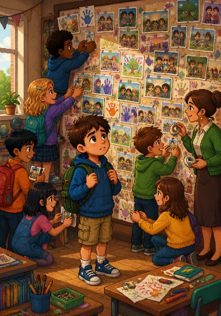As June approached, the class gathered to create a giant memory wall filled with photos, drawings, and funny quotes from the past months. Looking at the wall, Leo realized how much taller and wiser everyone had grown since that first day in September.