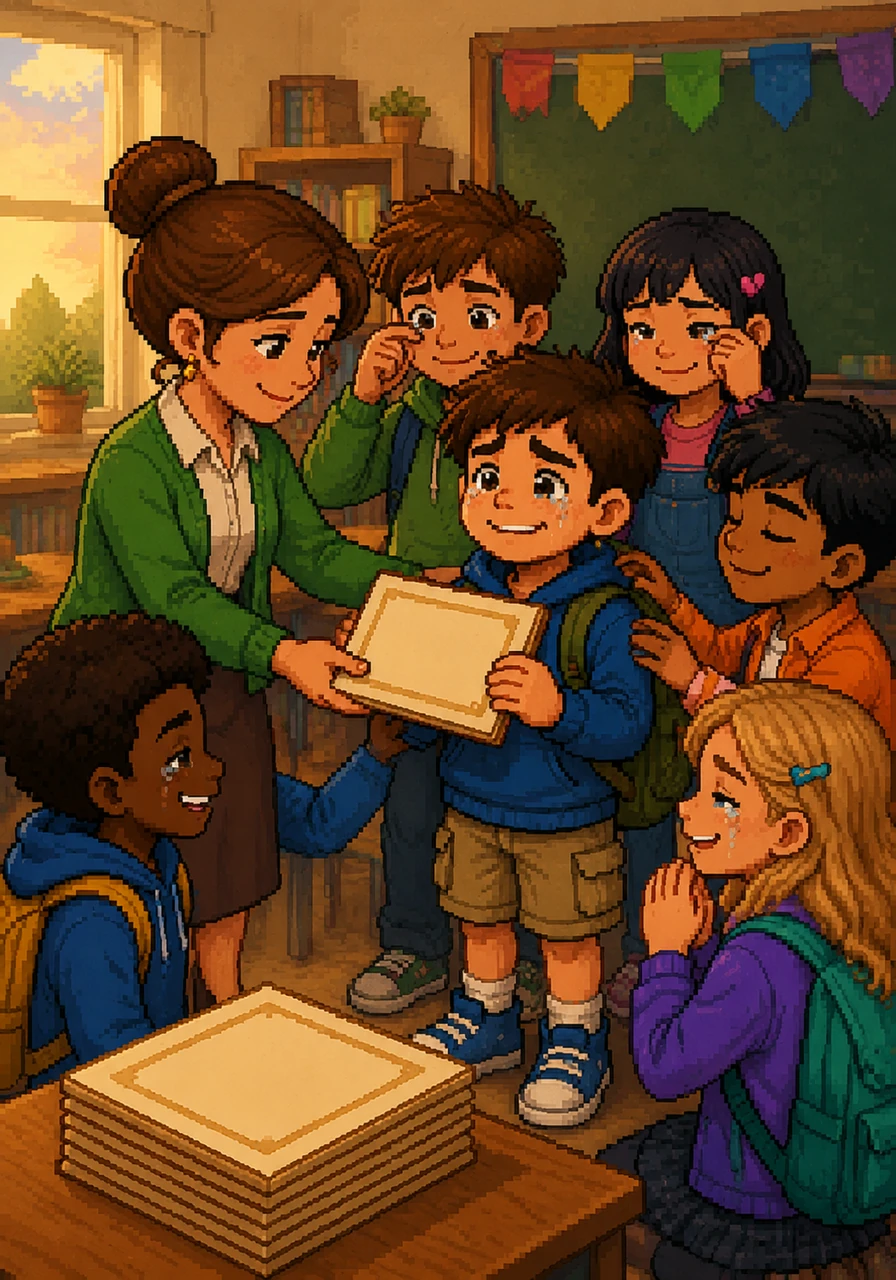 On the final Friday, the teacher gave a heartwarming speech, presenting each student with a special certificate celebrating their unique talents. Tears and smiles mingled as the children hugged each other, realizing they had become a true family.