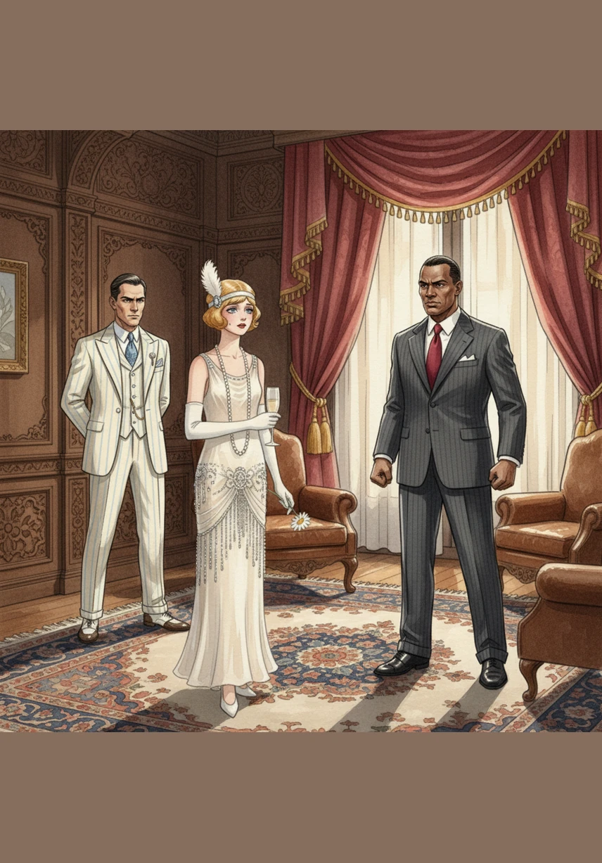 The Royal Presidential Suite at the Spanish Court Hotel feels like an oven, the air thick and oppressive. Daisy stands by the window fanning herself with a cocktail menu while Tom aggressively loosens his tie in the stifling heat. Gatsby stands at the center of the room like a statue of redirected ambition, as Nick lingers by the door clutching a glass of sweating ice water.