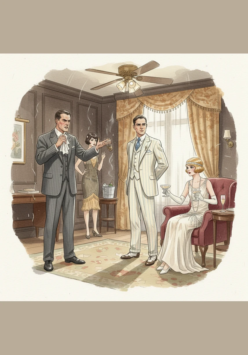 Tom wipes sweat from his brow and complains loudly about the failing air conditioning, his voice echoing in the tense room. Daisy, looking airy but brittle, asks everyone to just sit down and be still. Outside, the faint sounds of New Kingston traffic drift in, emphasizing the isolation of the four people trapped in the sweltering suite.