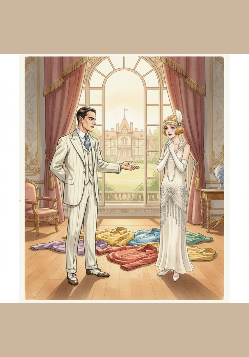 Gatsby steps toward Daisy, completely ignoring Tom’s presence as he offers her a way out of the discomfort. He tells her she doesn’t have to stay here if she is unhappy, his eyes fixed only on her. Tom turns sharply, his eyes narrowing with a predatory intensity as he tells Gatsby that no one asked him to decide for his wife.