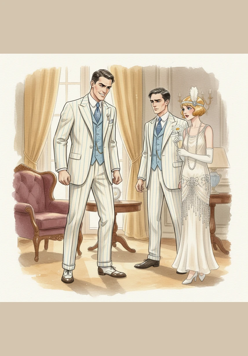The silence in the room is broken only by the weak hum of the AC as Tom begins to pace a slow circle around Gatsby. He mockingly questions the source of Gatsby’s wealth, asking if it came from real estate, tech, or something more flexible. Gatsby stiffens, his voice dropping an octave as he insists that everything he has was built through his own hard work.