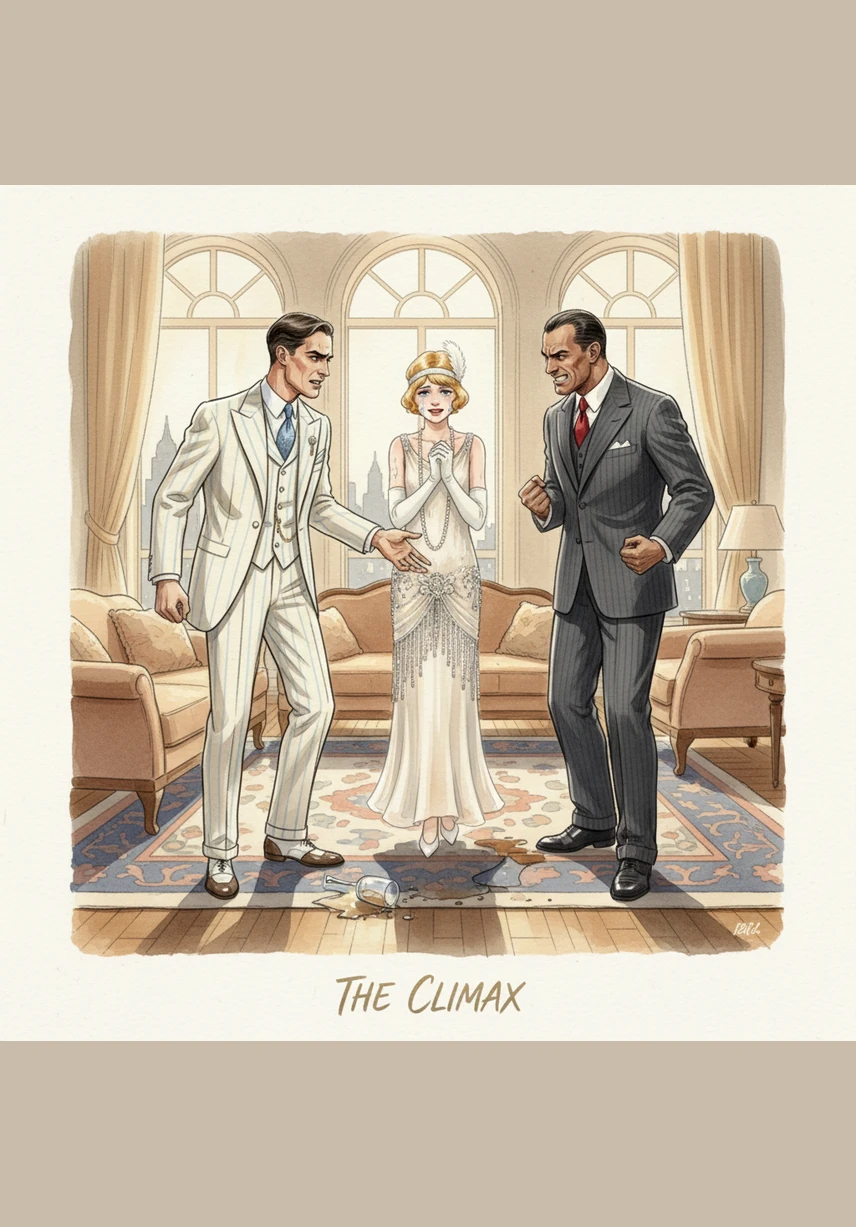 Tears form in Daisy’s eyes as she backs away from both men, her voice trembling with the weight of her confession. She admits to Gatsby that she did love him once, but she also loved Tom, and she cannot simply erase her life and family. Gatsby staggers back as if he has been physically struck, his carefully constructed mask of confidence finally cracking.