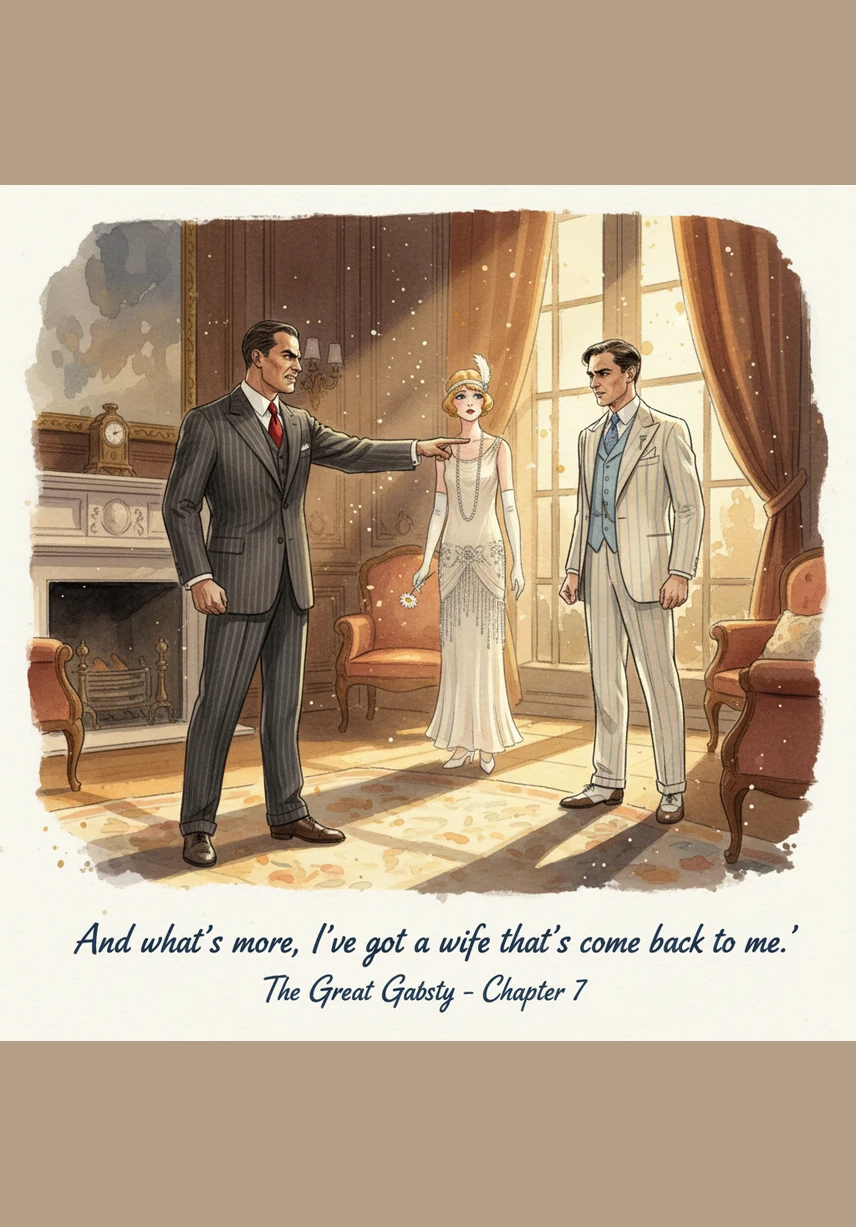 Tom stands triumphant, his voice cold and mocking as he tells Gatsby that the past is over and Daisy isn't going anywhere. He tells Gatsby to go back to whatever corner of Kingston he came from, asserting that money cannot buy entry into his world. Gatsby’s fists clench in silent fury, his entire world crumbling around him in the golden afternoon light.
