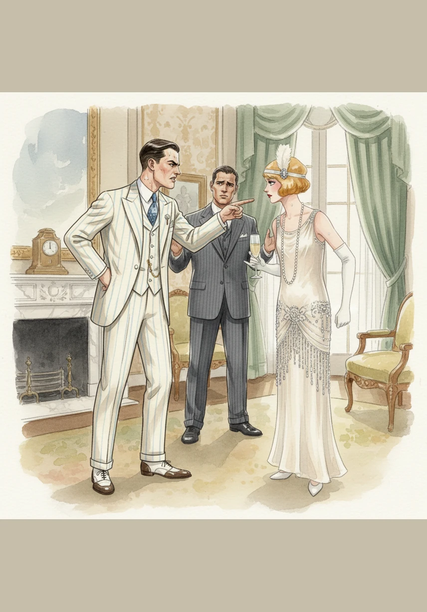 Nick moves between the two men, placing a steadying hand on Gatsby’s arm to lead him away from the confrontation. Gatsby looks at Daisy one last time, his voice a broken whisper as he reminds her of the love they once shared. Daisy turns her head away, crying silently as the dream of their future together evaporates in the heat.