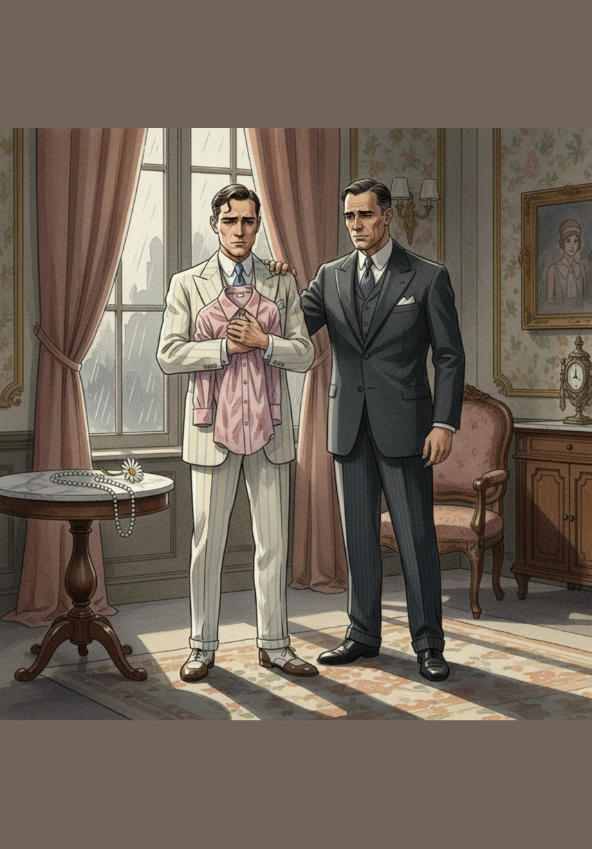 As Gatsby and Nick exit the suite, Tom places a heavy, possessive hand on Daisy’s shoulder. She goes completely still, looking like a trapped bird resigned to its cage while the shadows lengthen across the room. The lights slowly fade on the Spanish Court Hotel, leaving only the weak hum of the failing air conditioner in the dark.