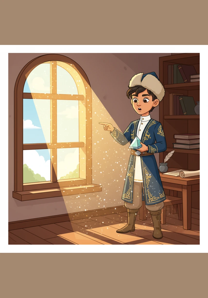 Әлішер жарық әлеміне саяхатын бастайды. Оптика – жарықтың табиғатын, оның таралуын және заттармен әрекеттесуін зерттейтін физиканың маңызды бөлімі. Күн сәулесінің ашық бөлмеге түсіп, шаң тозаңдарын жарықтандырып тұрған сәті жарықтың түзу сызық бойымен таралатынын көрсетеді.