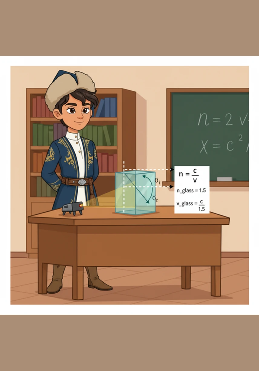 Ортаның абсолют сыну көрсеткіші n = c/v формуласымен анықталады, мұнда c – жарықтың вакуумдегі жылдамдығы, ал v – ортадағы жылдамдығы. Егер шынының сыну көрсеткіші 1.5 болса, бұл жарықтың шыны ішінде 1.5 есе баяулайтынын білдіреді. Сызбада түсу бұрышы мен сыну бұрышы әрқашан екі ортаның шекарасына перпендикуляр жүргізілген нормаль сызығына қатысты өлшенеді.