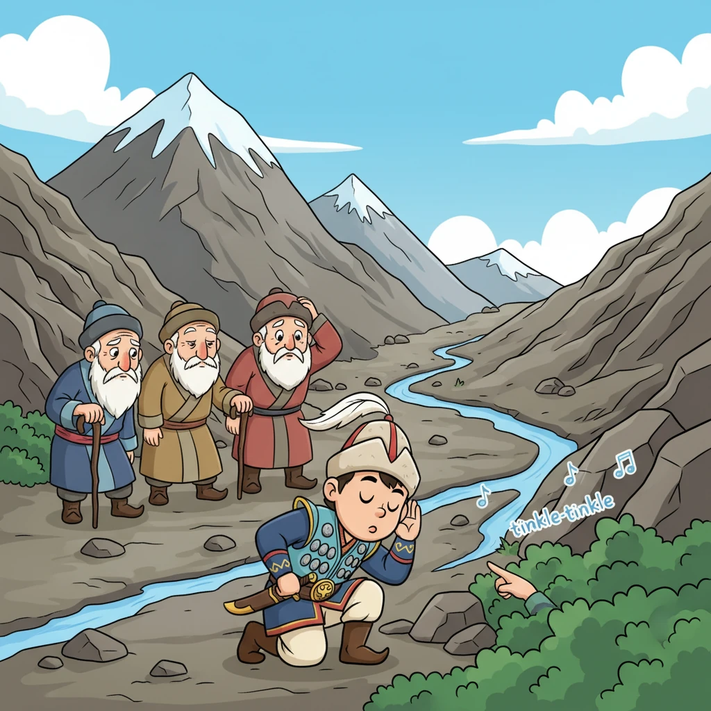 Ауыл ақсақалдары судың неге тоқтап қалғанын табуға тырысты, бірақ тауға баратын жол өте қиын әрі бұралаң еді. Ешкім мәселенің қай жерде екенін анықтай алмады. Айдар мұқият тыңдап отырып, басқалар ескермеген бағыттан ерекше бір сылдыр дыбысын естіді.