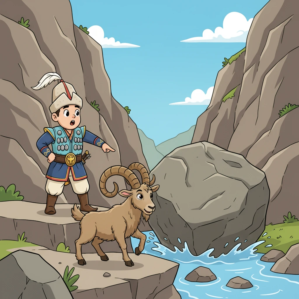 Міне, Айдар мәселені тапты! Ойнақы, бірақ күшті тау ешкісі қасынып жатып, үлкен, ерекше пішінді тасты байқамай құлатып жіберген еді. Сол тас өзен ағатын тар тау өткелін толығымен жауып тастаған болатын.