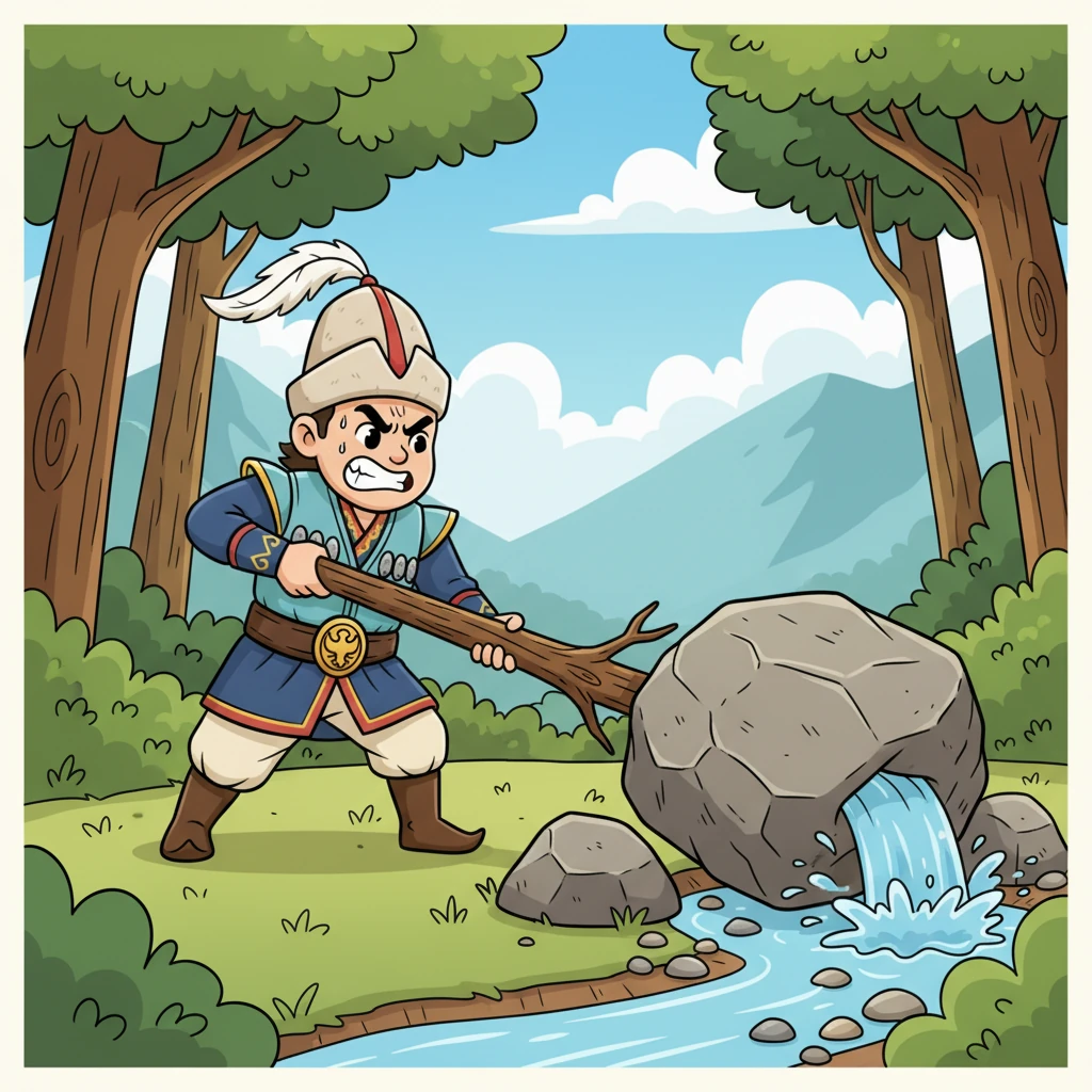 Тас Айдардың жалғыз өзі жылжытуына тым ауыр еді. Ол тез ойланып, жақын жердегі мықты бұтақты байқады. Оны рычаг ретінде пайдаланып, бар күшімен итерді, соңғы бір қозғалыспен тас шетке домалап, су жолын ашты.