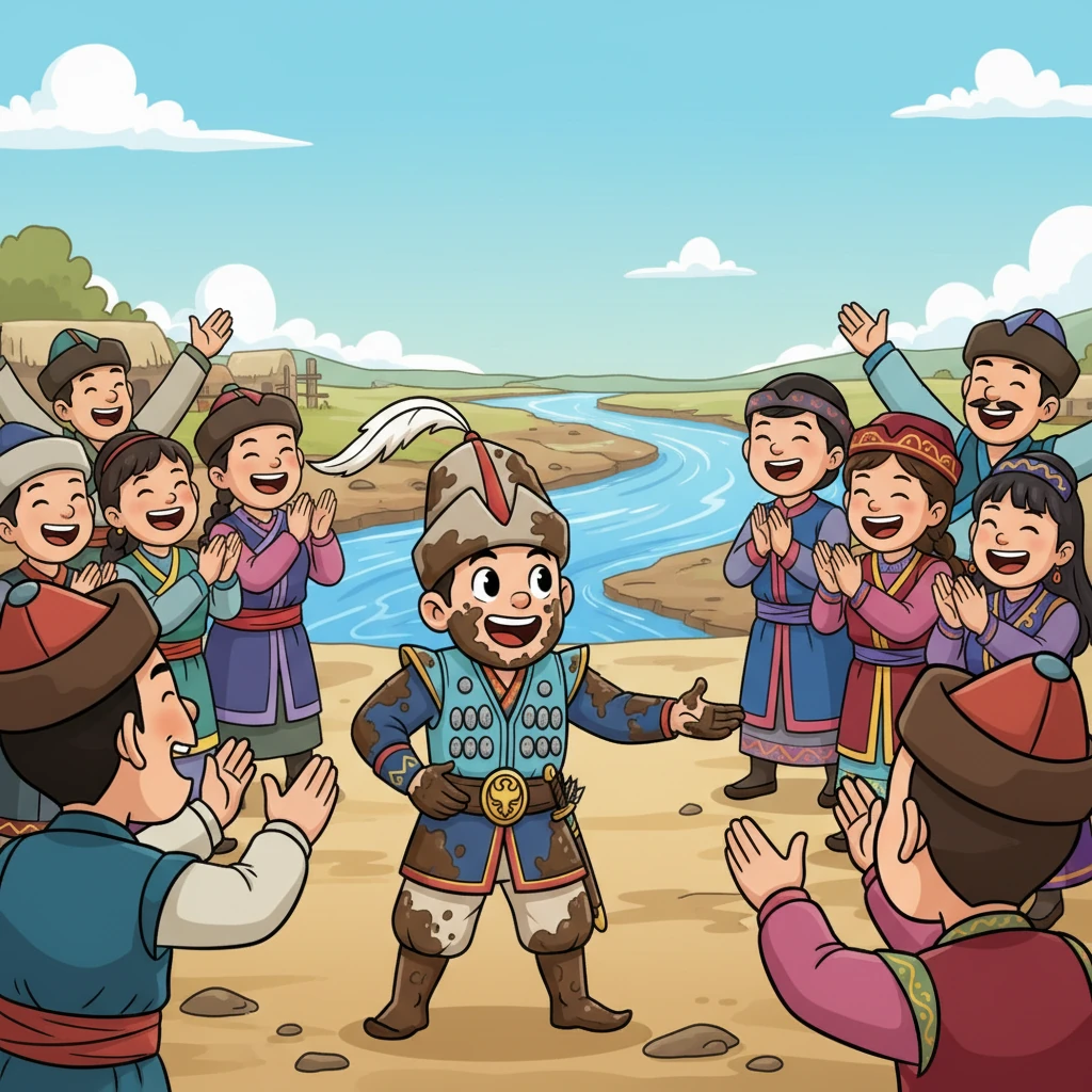 Айдар ауылға балшыққа батқан, бірақ қуанышты жүзбен оралды. Ол не болғанын түсіндіргенде, ауылдағылар оның ақылдылығы мен батылдығын тойлап, шаттана қол шапалақтады. Өзен қайта толып, барлығына жеңілдік пен қуаныш сыйлады.