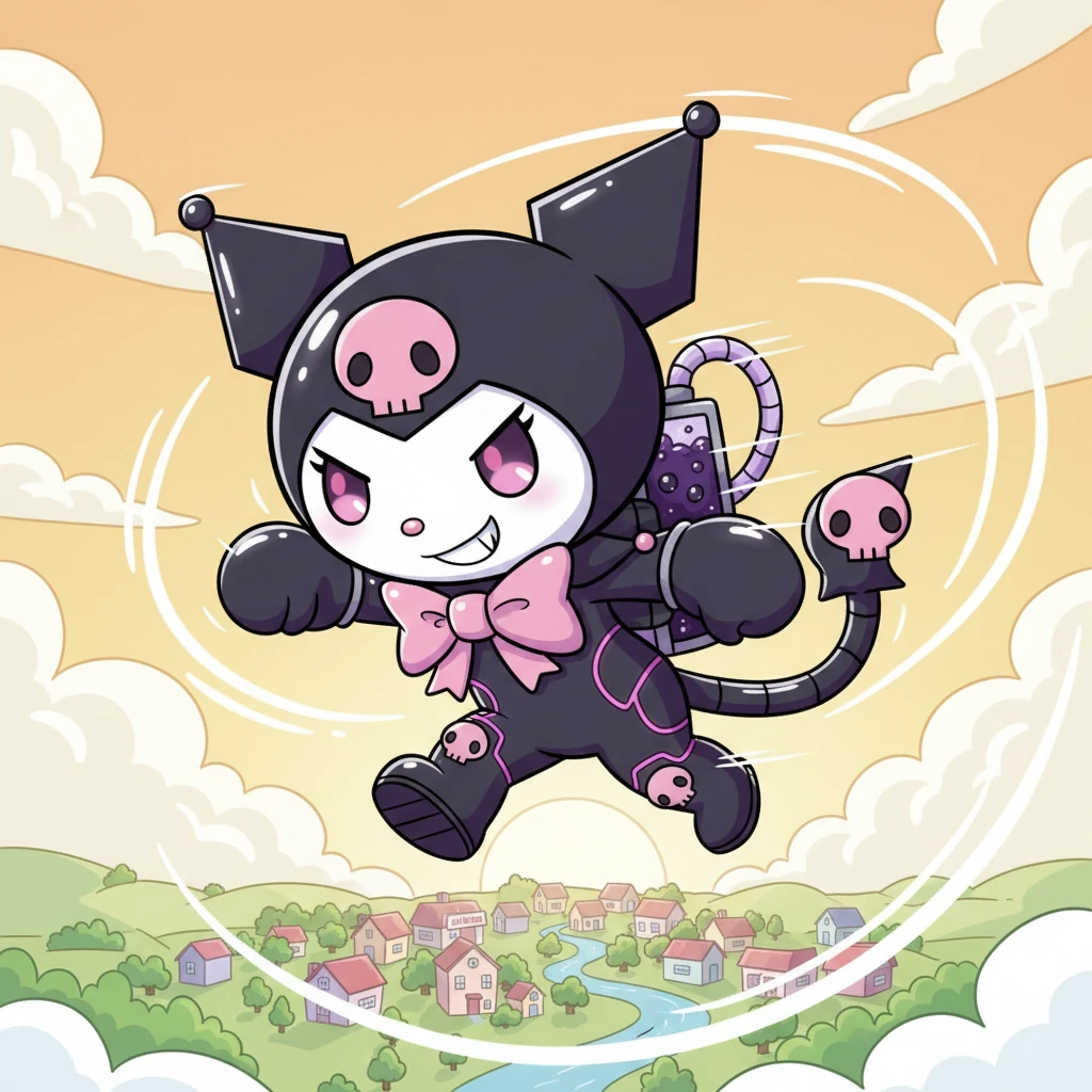 High above the sleepy town of Brightville, a sleek, shiny little sprite named Kuro-Whirl zoomed through the morning sky. Her body, a smooth, dark purple with pink accents, glistened like polished licorice, and her big, expressive eyes sparkled with playful mischief. She was a curious little flyer, always looking for fun.