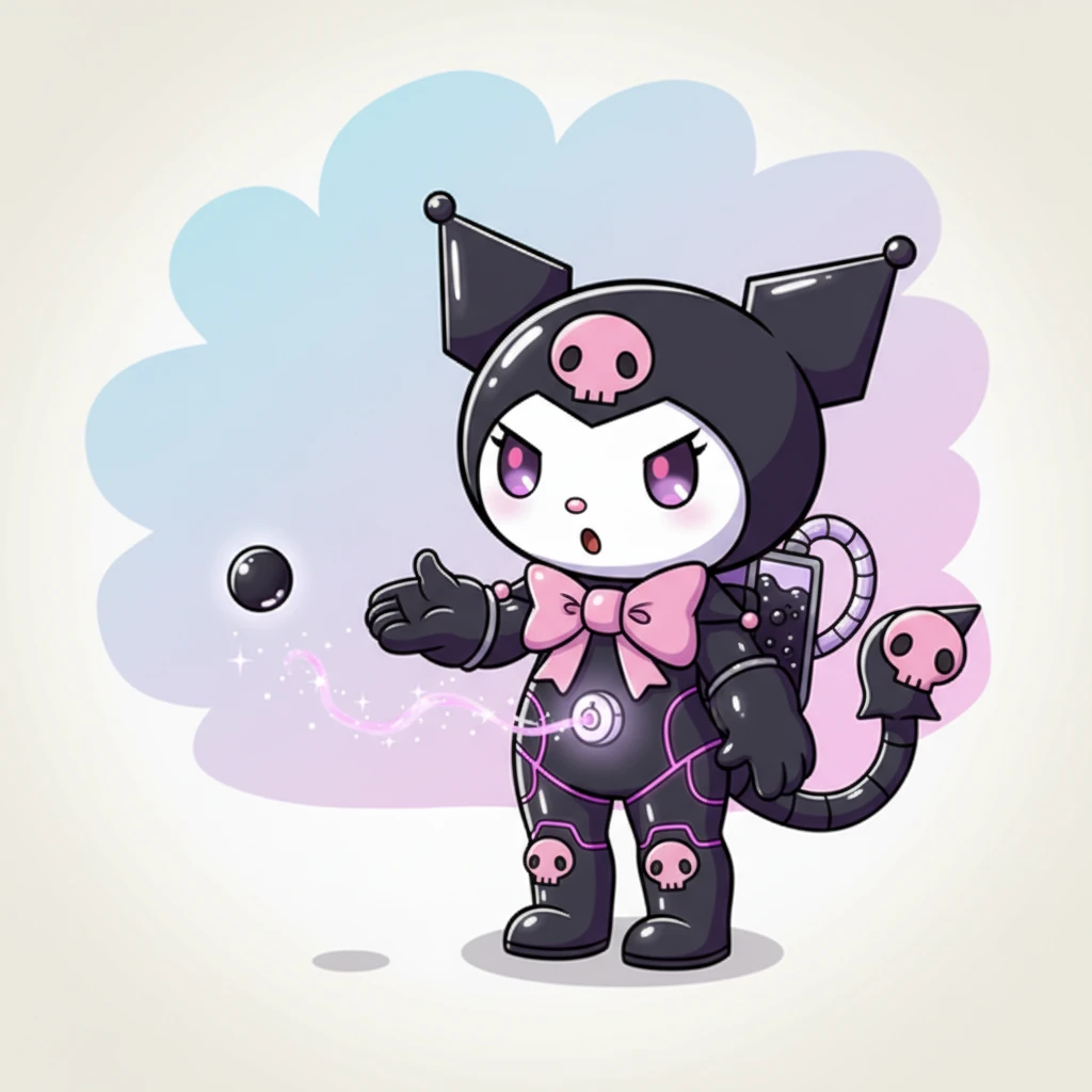 Suddenly, a tiny, glowing dispenser on her belly began to shimmer, and a small, inky droplet formed at its tip. Kuro-Whirl tilted her head, surprised, as the droplet floated away, leaving a faint, shimmering trail. She realized she had a brand new, magical ability!