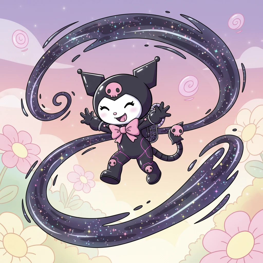 She practiced, zipping and swirling, as more of the shimmering, dark substance, which she decided to call 'Whisper-Ink,' trailed behind her. It wasn't sticky or messy; instead, it sparkled and danced like captured starlight. Kuro-Whirl giggled, wondering what wonders she could create.