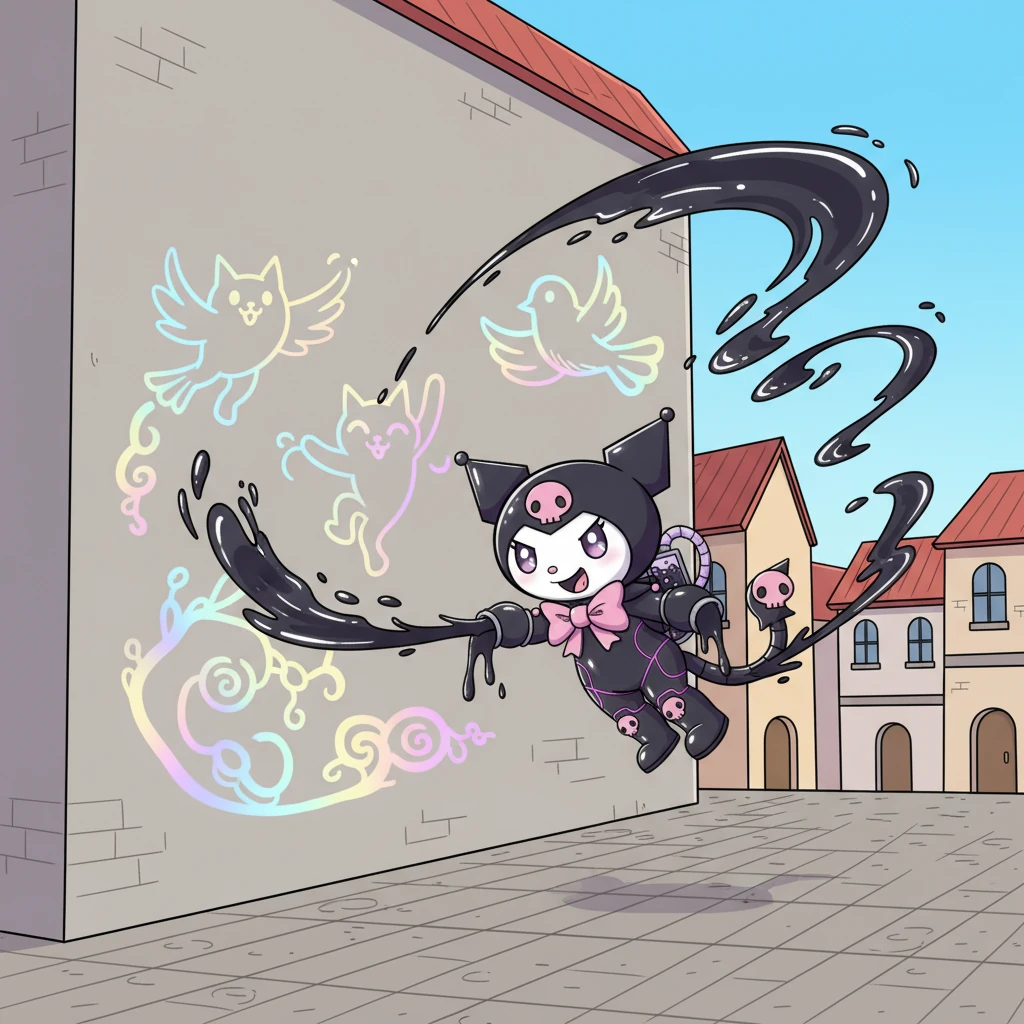 Spotting a dull, plain wall in the town square, Kuro-Whirl had an idea. With a graceful dive, she began to draw, releasing streams of Whisper-Ink. The ink floated and swirled, forming temporary, beautiful patterns and playful shapes on the wall, like a fleeting shadow puppet show.