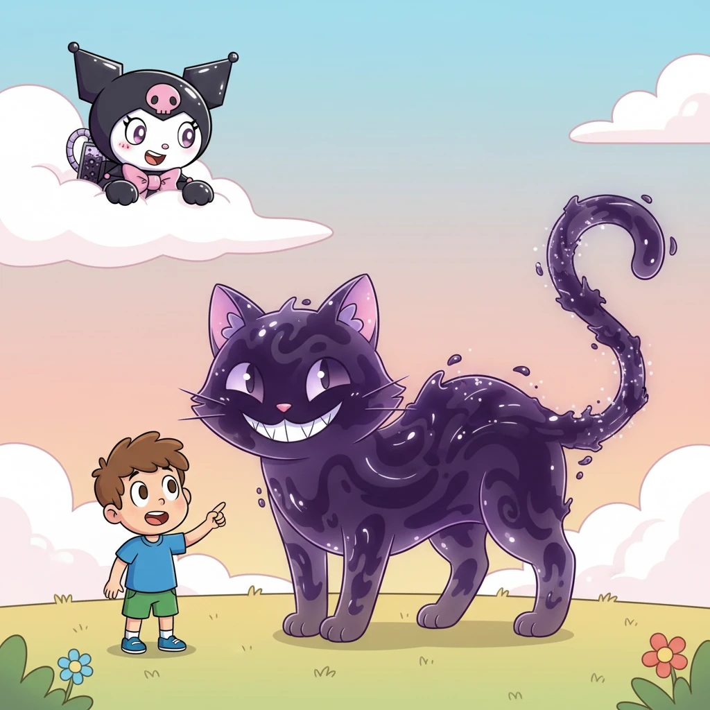 A little boy named Leo, walking by, stopped in his tracks, his eyes wide with amazement. He watched as a giant, grinning cat made of shimmering ink appeared, then playfully wiggled its tail before gently fading away. Kuro-Whirl, hidden behind a cloud, felt a happy flutter.