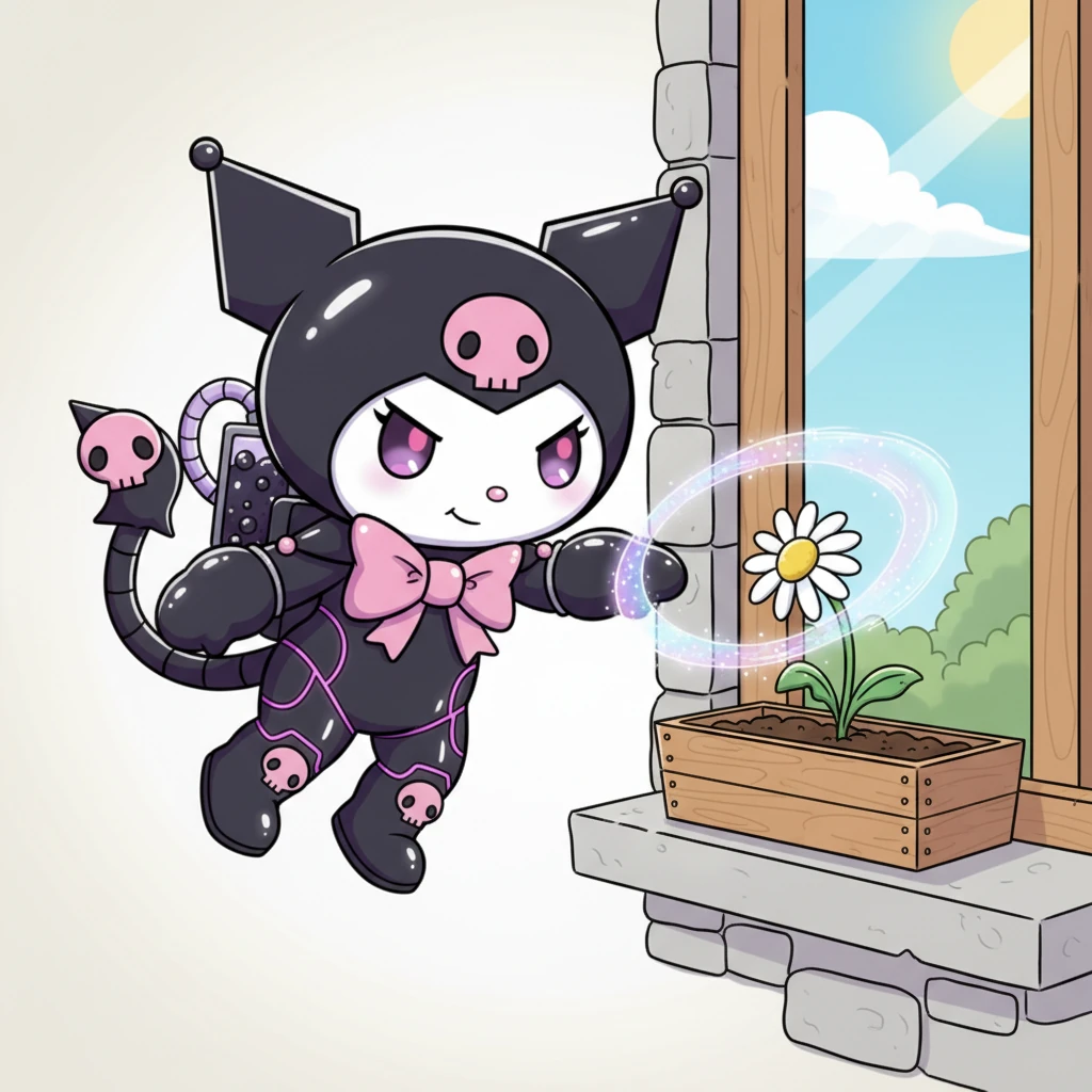 Next, Kuro-Whirl spotted a tiny, drooping daisy in a window box, looking a bit sad. With a gentle swoop, she released a delicate swirl of Whisper-Ink around its petals. The ink didn't harm the flower; instead, it made the daisy shimmer with a soft, ethereal glow, giving it a magical sparkle.