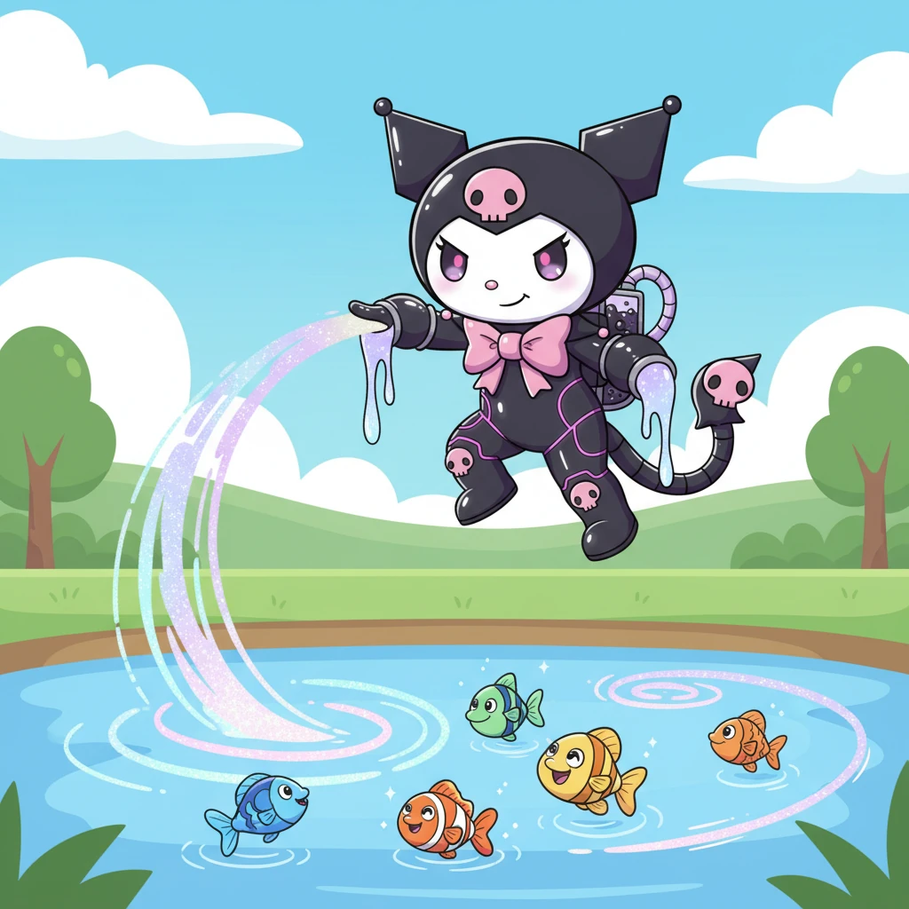 She zoomed over a quiet pond, where the water lay still and uninteresting. With a burst of energy, Kuro-Whirl painted playful, swirling patterns on the water's surface with her Whisper-Ink. The fish below seemed to dance and leap, delighted by the temporary, glittering show above them.