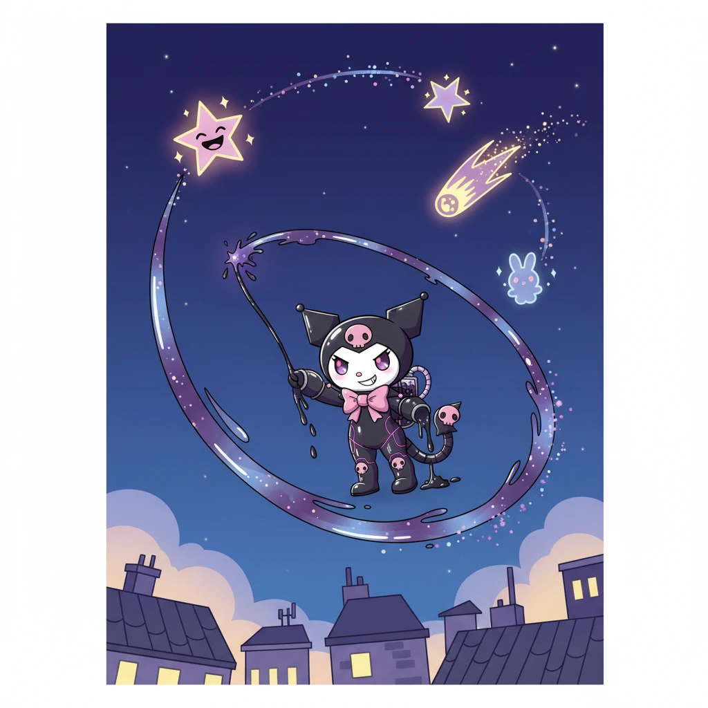 As evening fell, Kuro-Whirl soared higher, above the rooftops. The night sky was clear, but a little empty. She began to draw with her Whisper-Ink, creating new, temporary constellations – a laughing star, a zooming comet, a twinkling bunny – that sparkled brightly before softly disappearing.