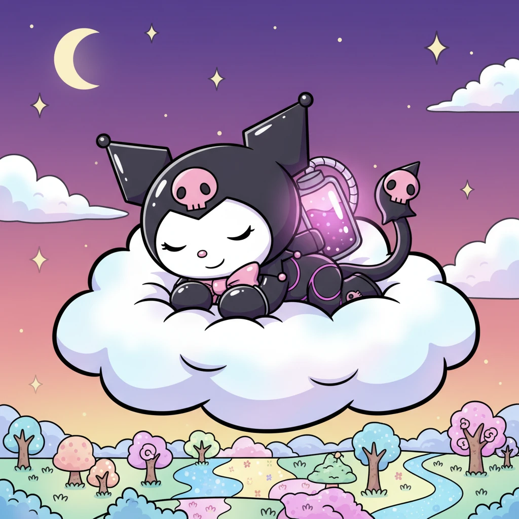 Tired but immensely happy, Kuro-Whirl nestled onto a fluffy cloud, her dispenser softly glowing. She had spread joy and beauty with her Whisper-Ink, making the world a little brighter and more imaginative. She closed her eyes, dreaming of all the new wonders she would create tomorrow.