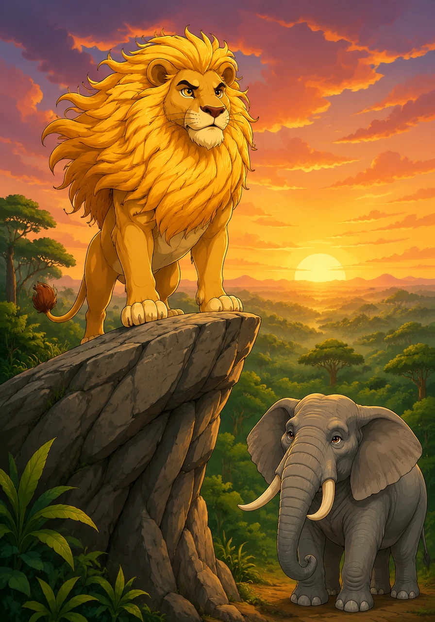 Leo the lion stands majestically atop a high jagged rock, his golden mane flowing wildly in the evening breeze. Behind him, the dense green jungle stretches to the horizon under the warm glow of a setting sun.