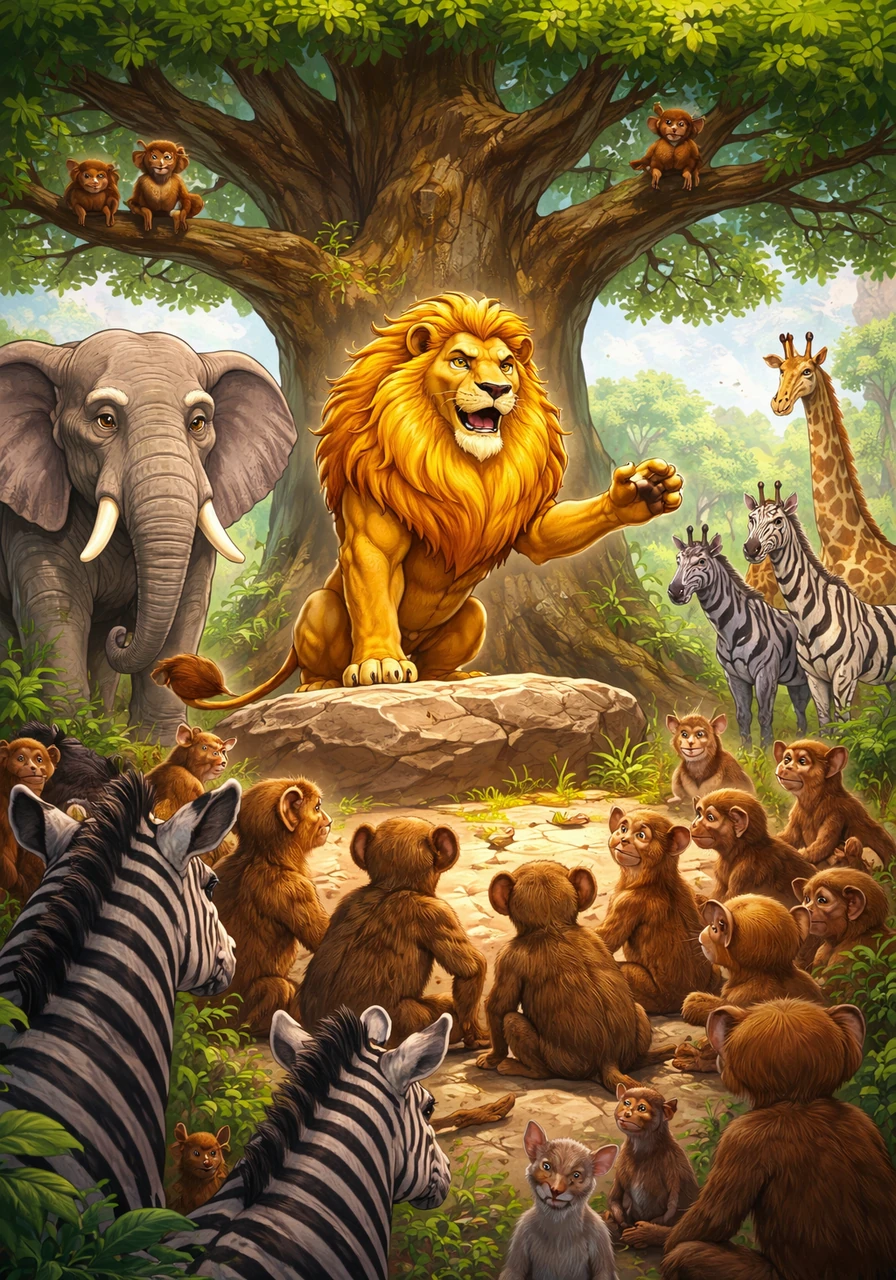 Under the ancient Great Tree, Leo gathers all the animals to share his plan to find the legendary Hidden Spring. The elephants, zebras, and monkeys listen intently as their king speaks with a voice like rolling thunder.