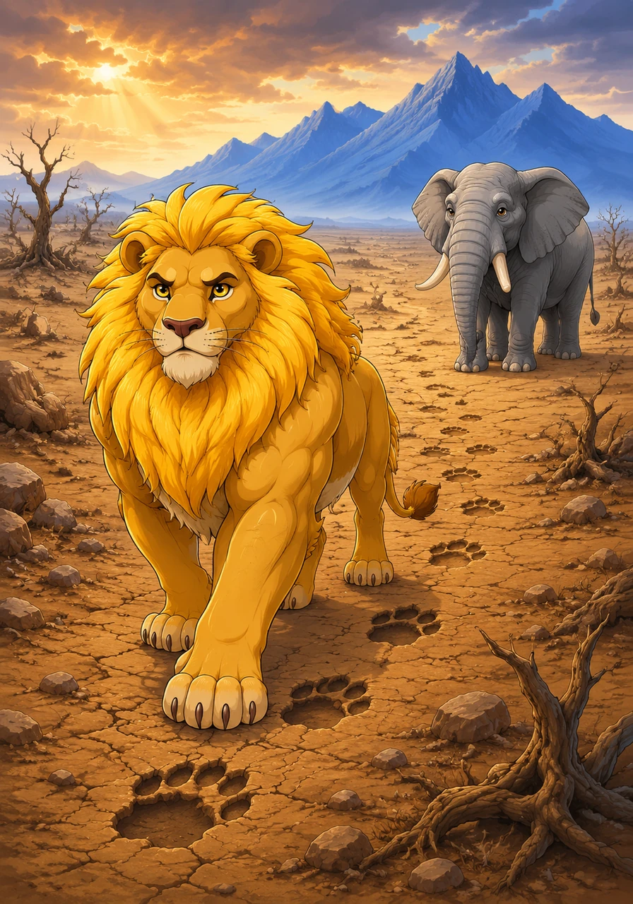 Leo begins his perilous journey across the scorched plains, his powerful paws leaving deep prints in the dusty earth. He walks with determination, his eyes fixed on the distant Blue Mountains where the legends of old began.
