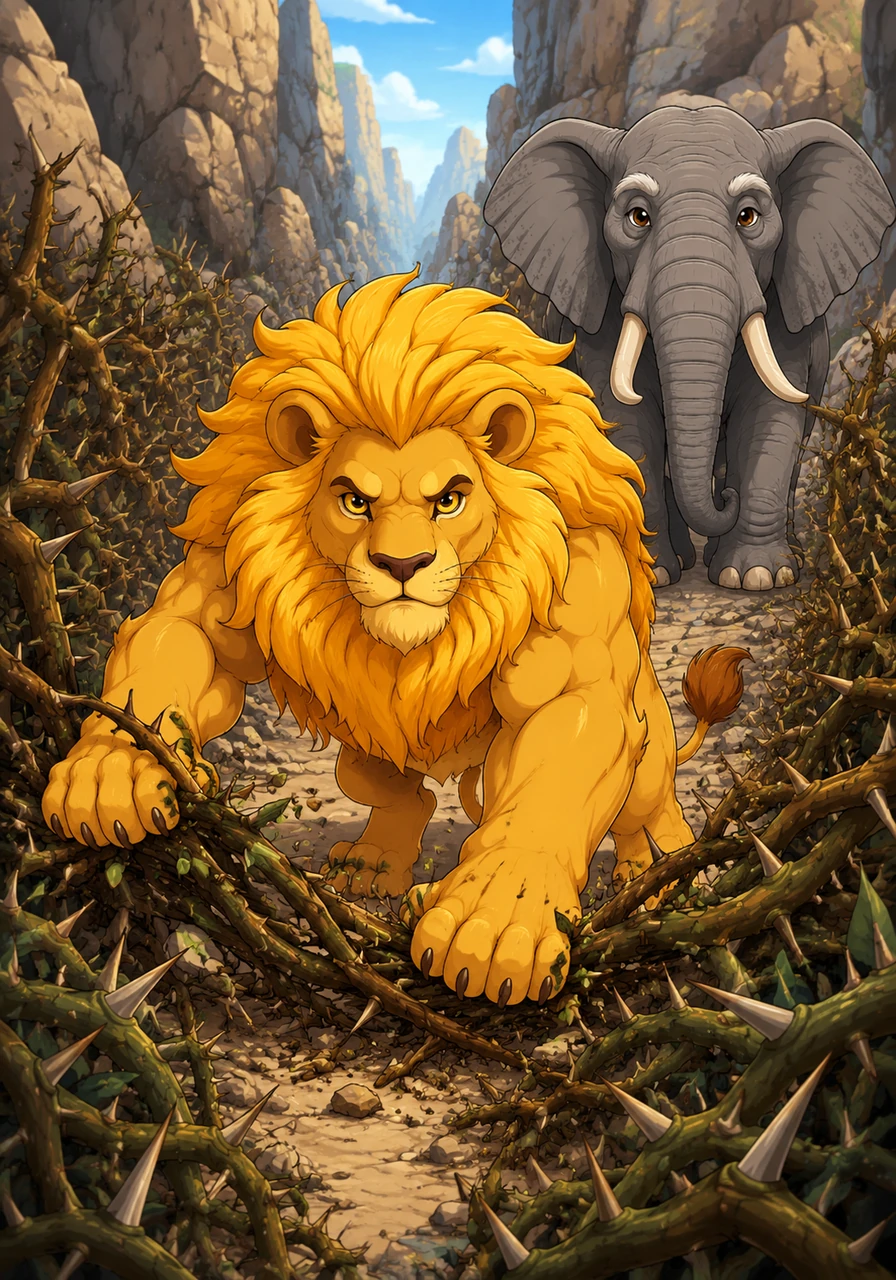 The path grows difficult as Leo navigates through a valley of sharp thorns and narrow stone passages. He uses his great strength to clear a path, ensuring he can lead the others back once the water is finally found.