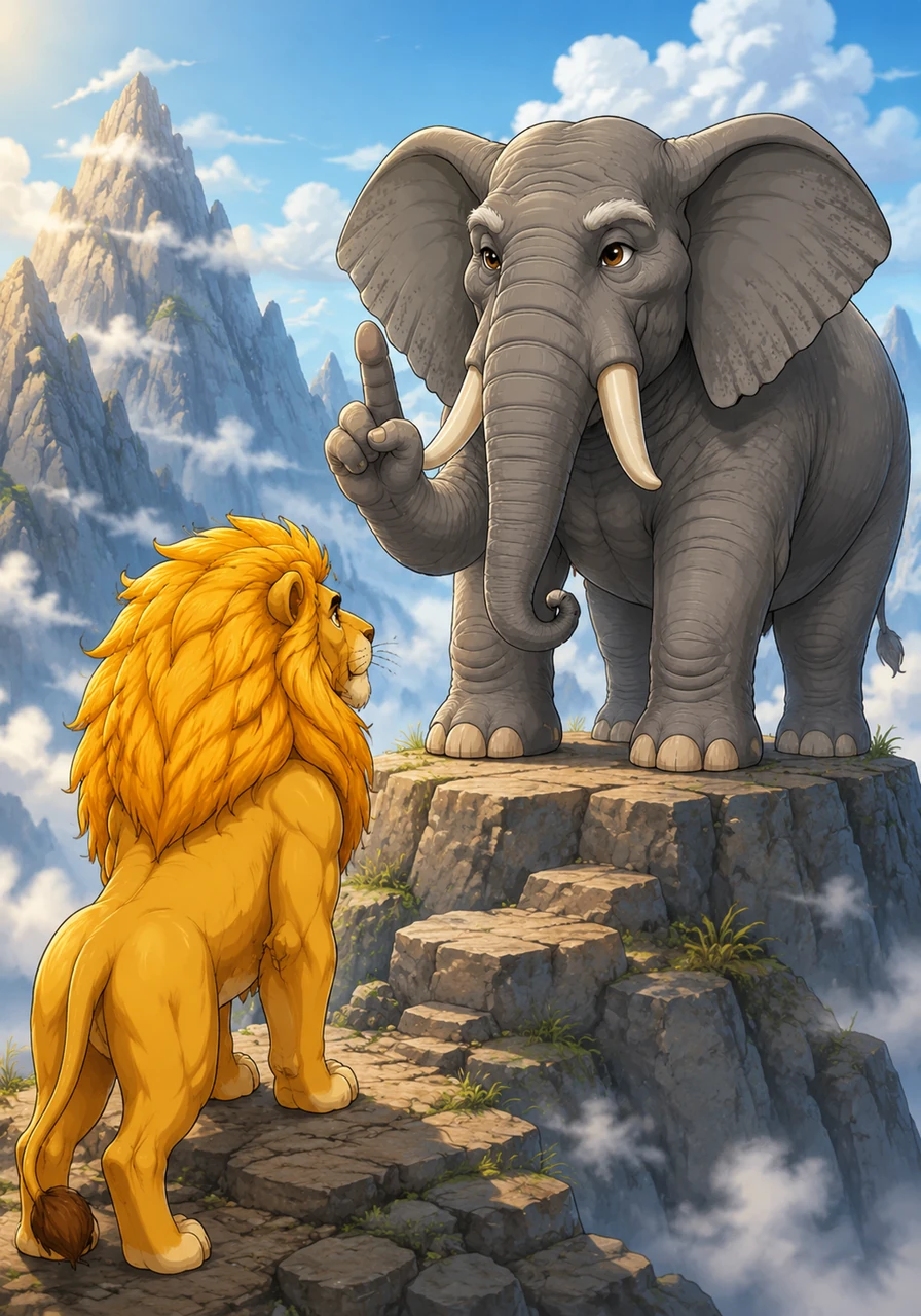 Near the mountain peak, Leo encounters a wise old elephant who guards the secret of the mountains. The elephant challenges Leo to prove his wisdom and pure intentions before revealing the path to the hidden water.
