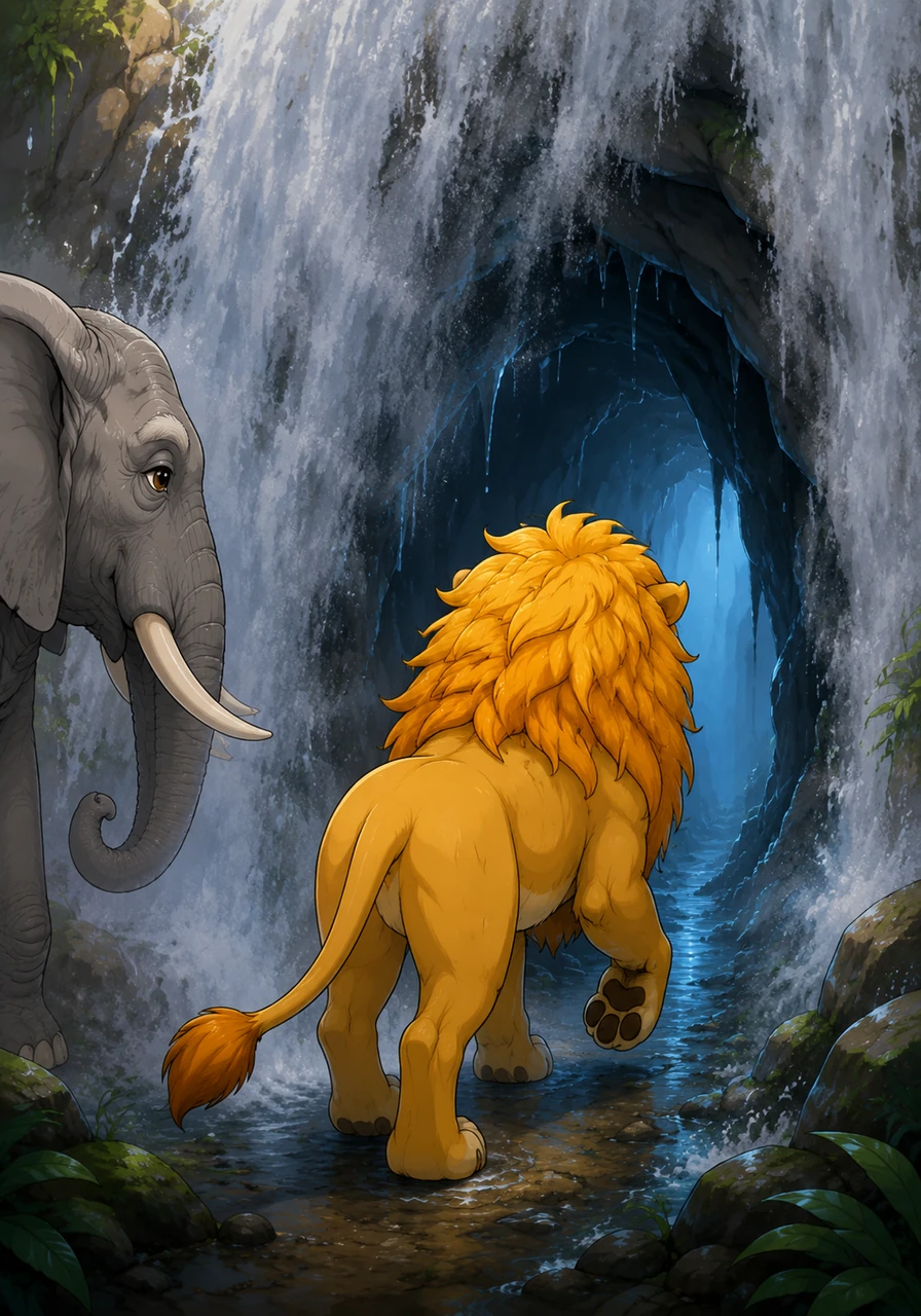 After answering the old elephant's riddle with a heart full of compassion, Leo is shown a hidden cave behind a waterfall of mist. He enters the cool, dark cavern, feeling the moisture in the air for the first time in months.