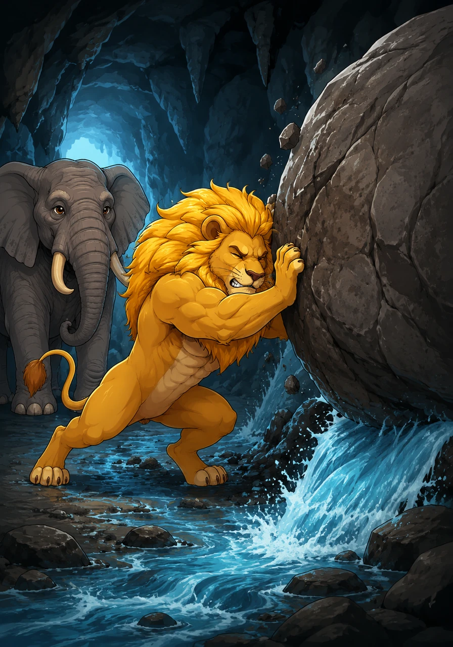 Deep inside the cave, Leo finds a massive boulder blocking the underground spring that feeds the entire valley. He braces his strong shoulders against the cold stone and pushes with all his might until the rock finally gives way.