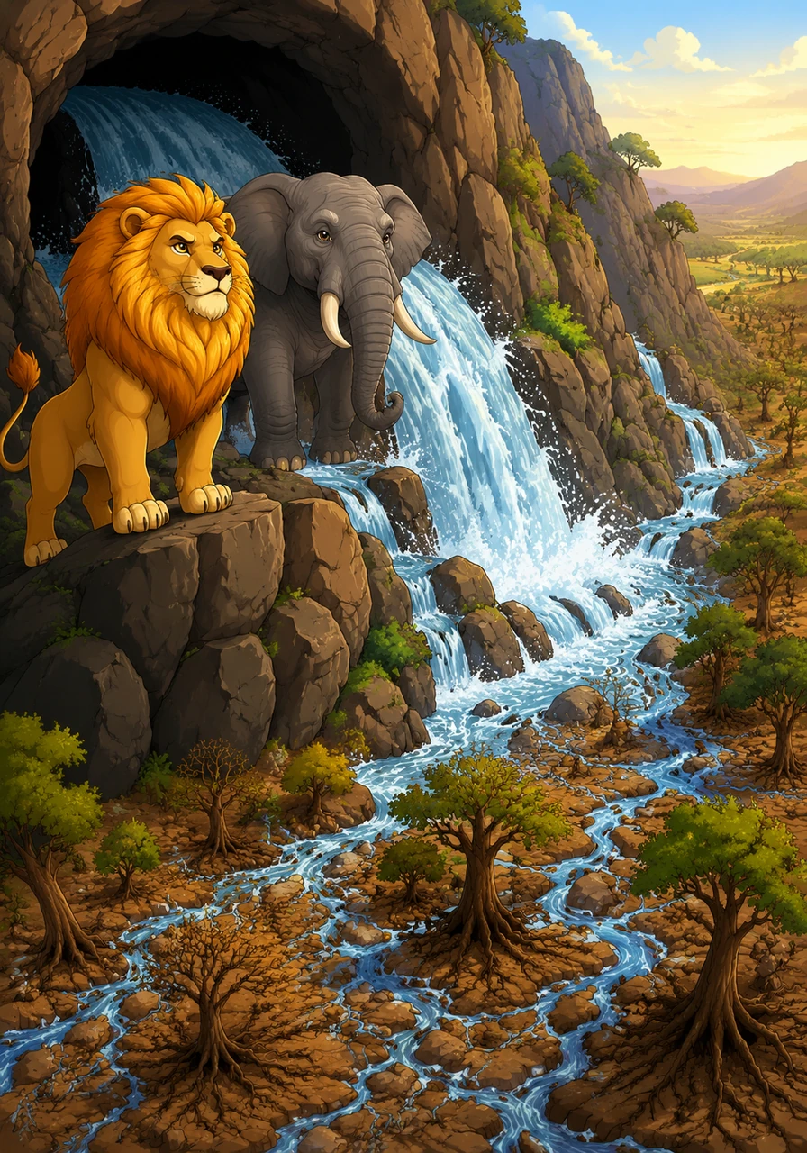 A roar of rushing water fills the cave as the spring is finally released, flowing down the mountainside toward the thirsty jungle. Leo watches with pride as the first streams reach the parched roots of the trees far below.